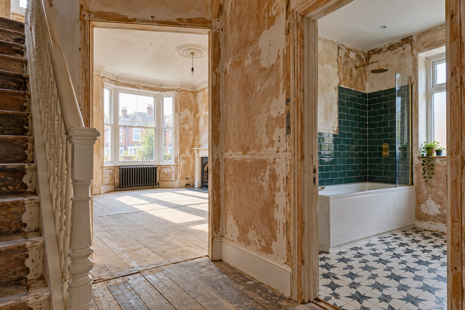 A partially finished UK home renovation showing exposed plaster and tiling work