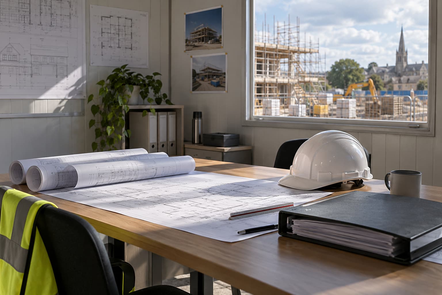 A site office table with rolled drawings, a hard hat and a document folder, lit by a window.