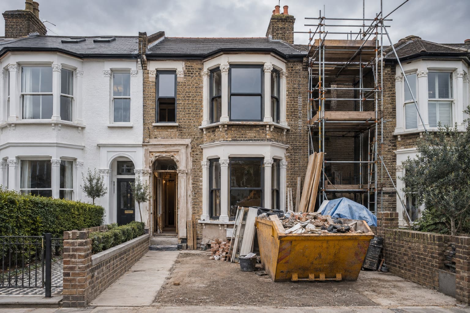 A UK house under renovation with scaffolding and a skip outside on an overcast day