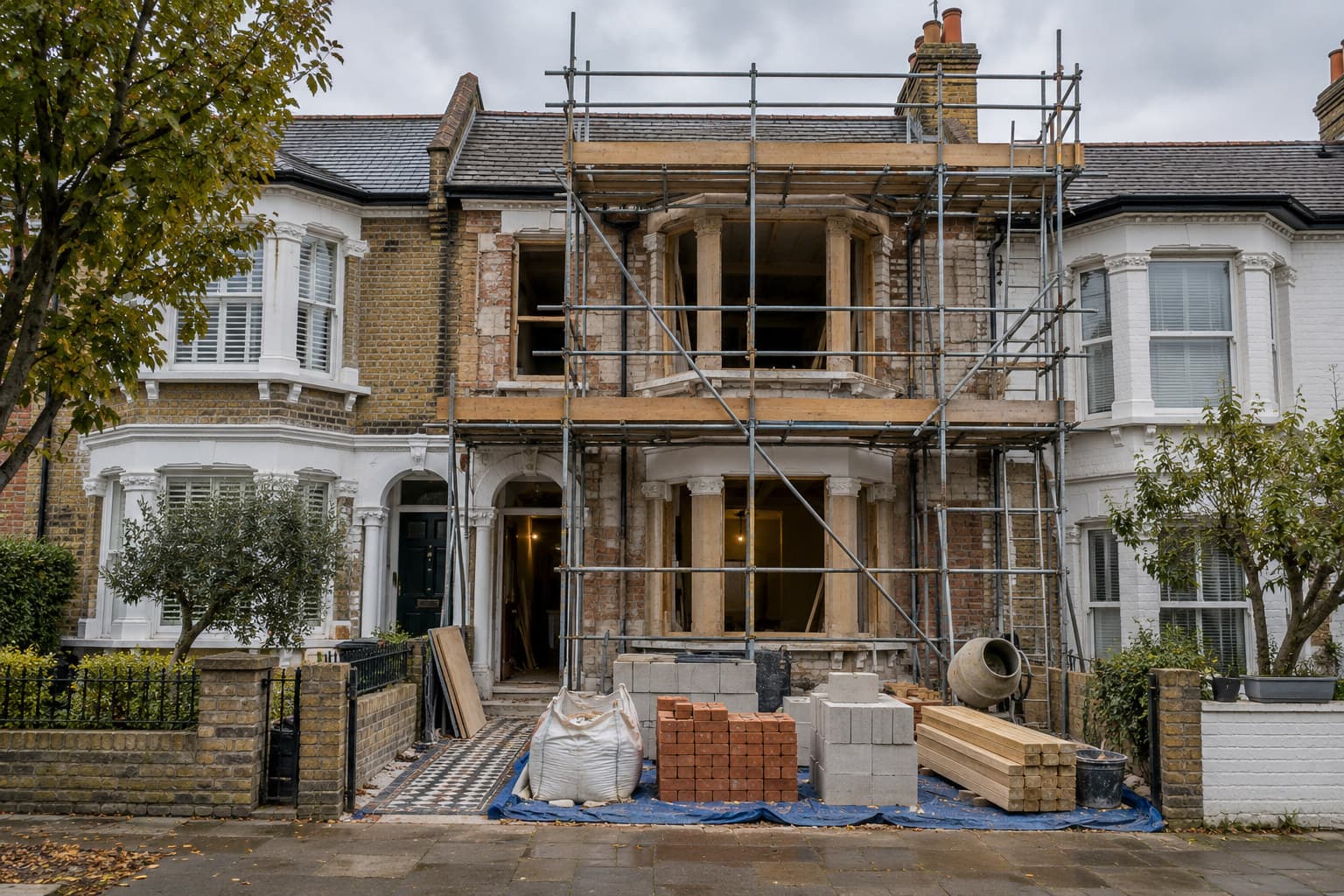 A UK house under renovation with scaffolding and building materials, no people in shot