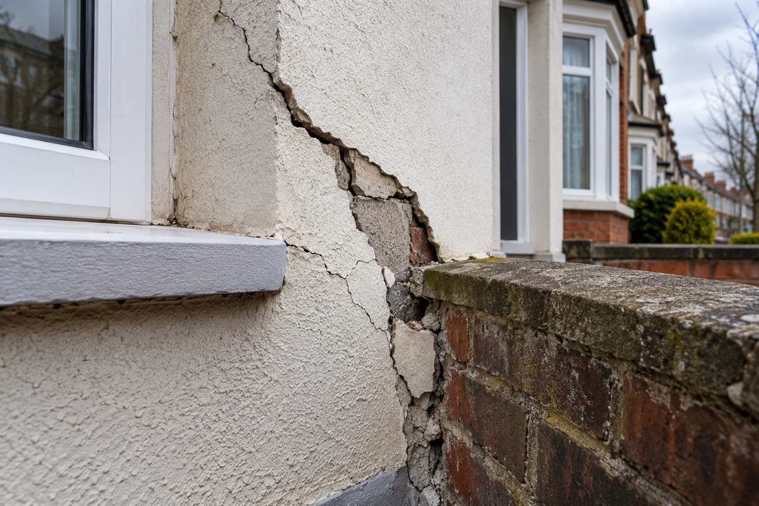 Close-up of cracked render on a UK house exterior near a boundary wall