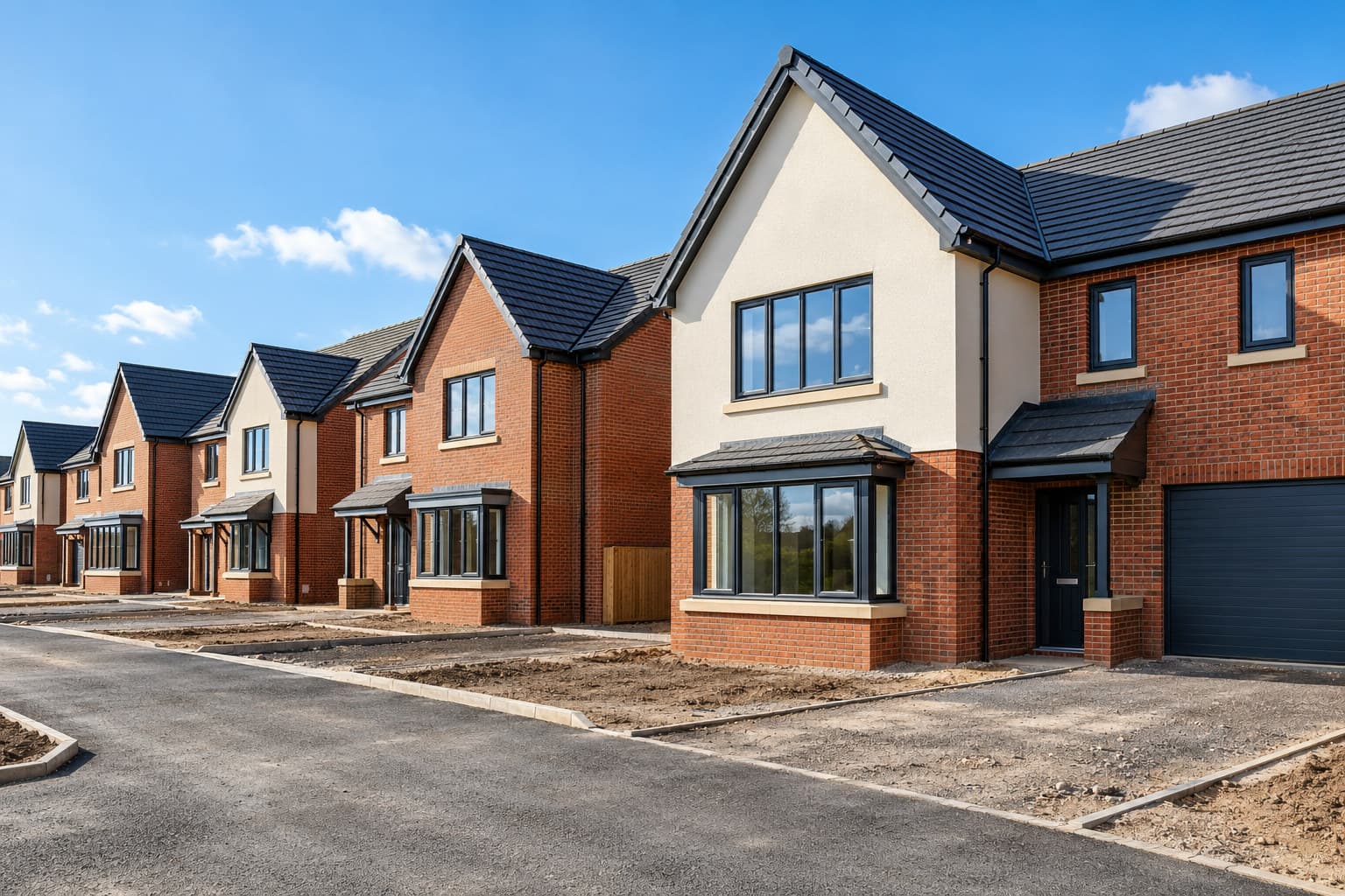 A row of newly built UK houses on an estate with bare driveways and no people in view