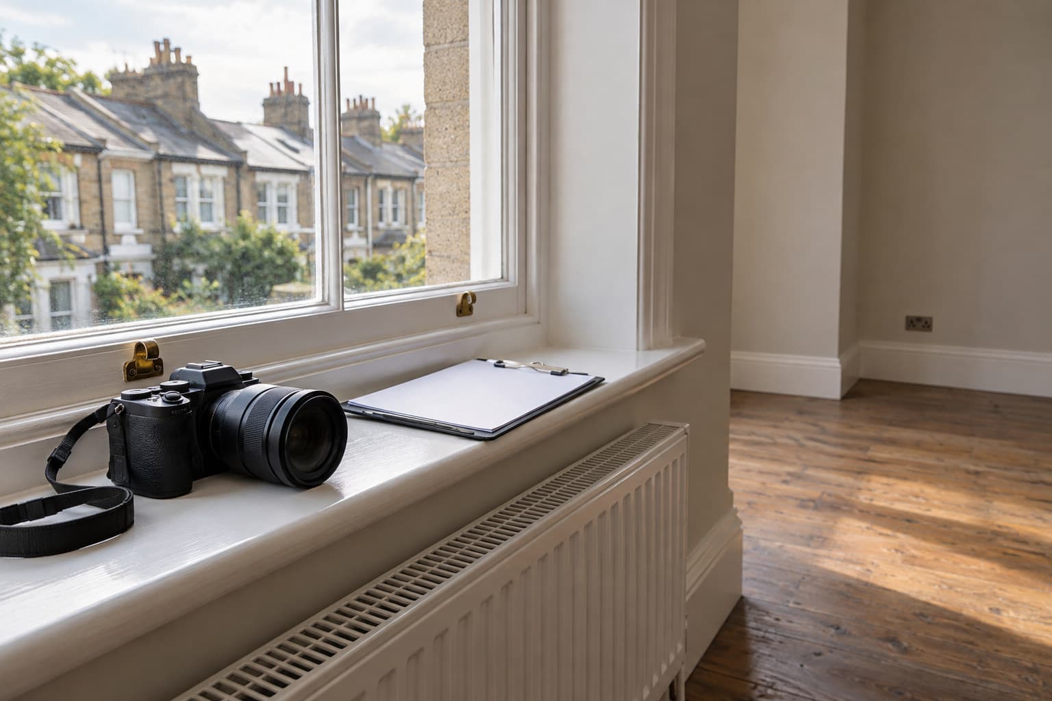 A surveyor’s camera and clipboard resting on a windowsill in an empty UK property during a condition inspection