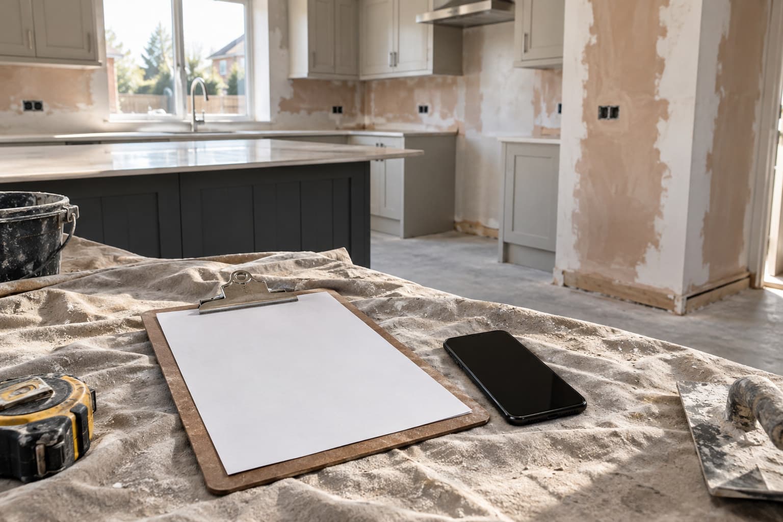 A clipboard and phone on a dust sheet in a part-finished kitchen during a property walk.