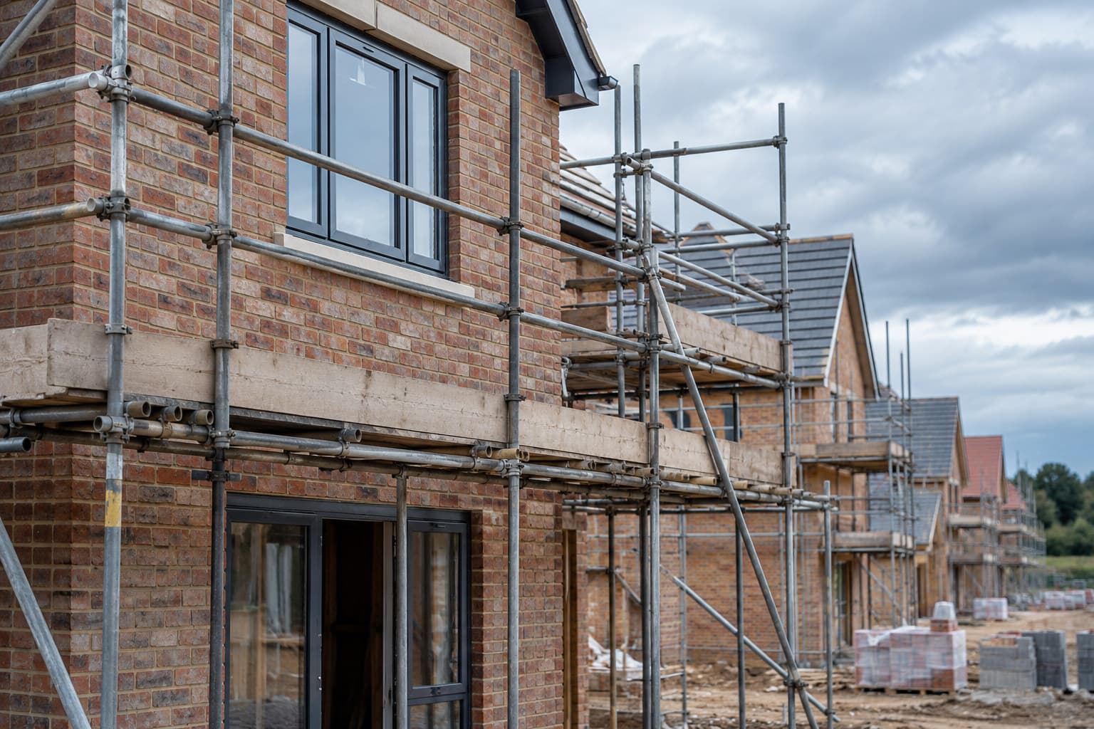 A partially finished brick facade on a UK new-build site with scaffolding, under an overcast sky