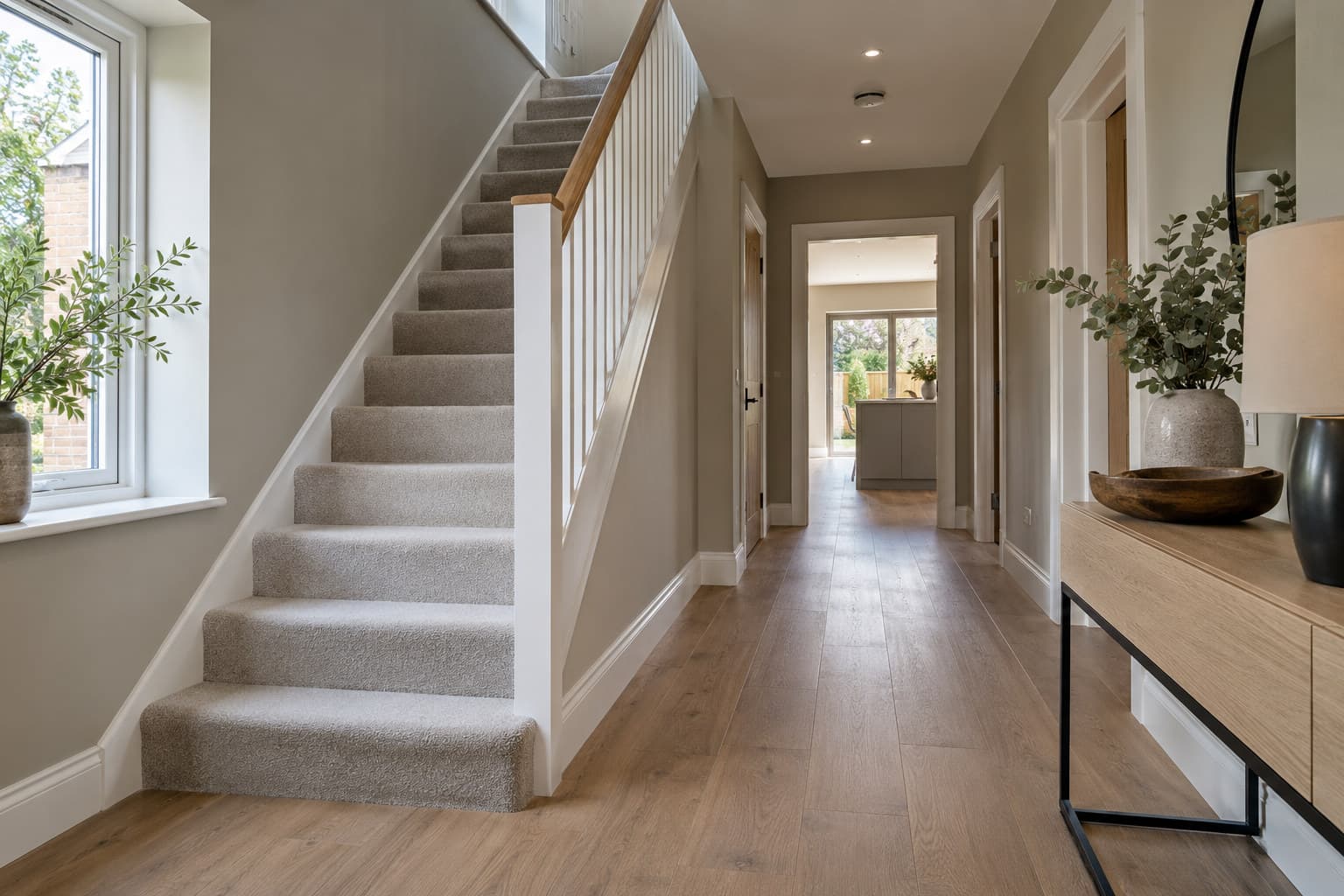 A freshly decorated hallway in a new build UK home with skirting boards and a staircase visible