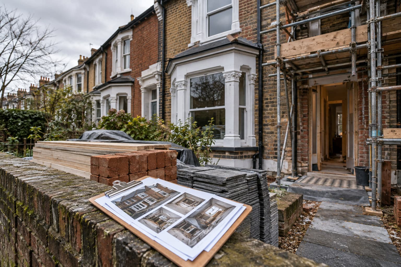 A UK house mid-renovation with scaffolding and building materials, a clipboard of photographs resting on a wall