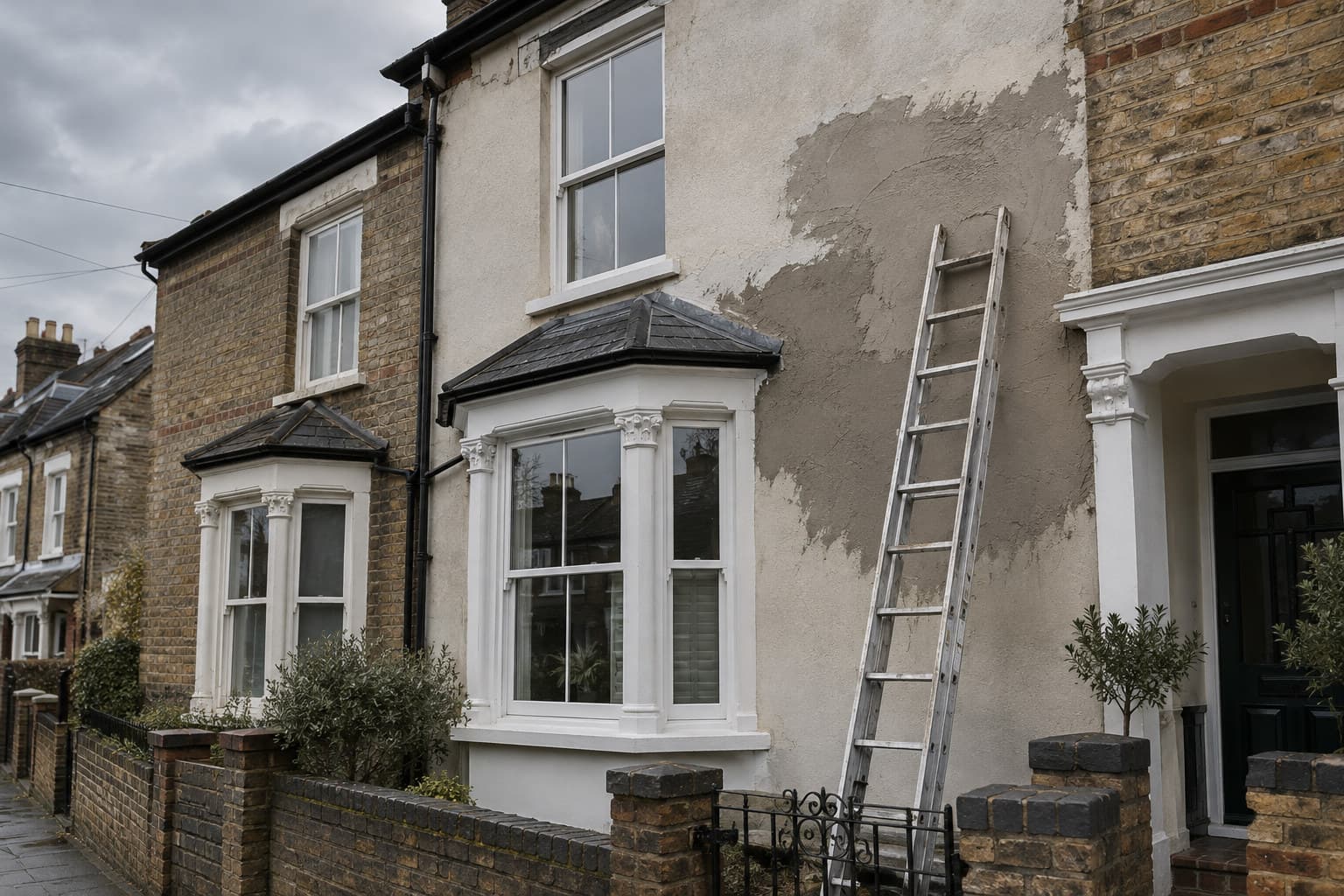 An unfinished render patch on a UK house wall with a ladder leaning against it