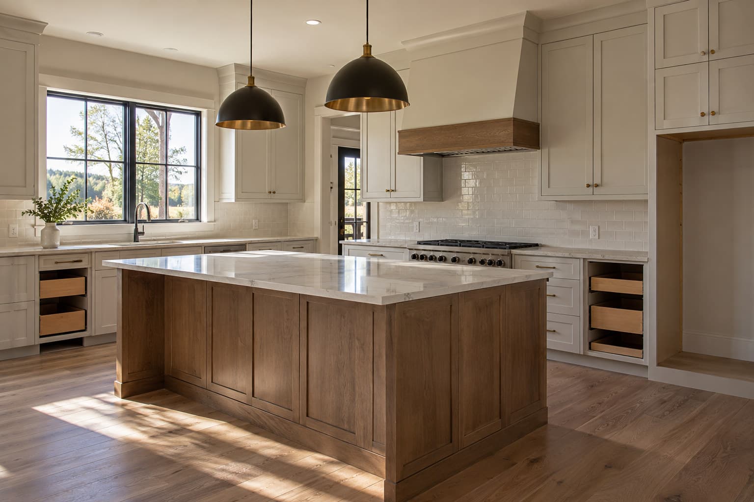 An unfinished kitchen in a new construction home showing cabinets with some drawer fronts missing and paint touch up needed near the window trim.