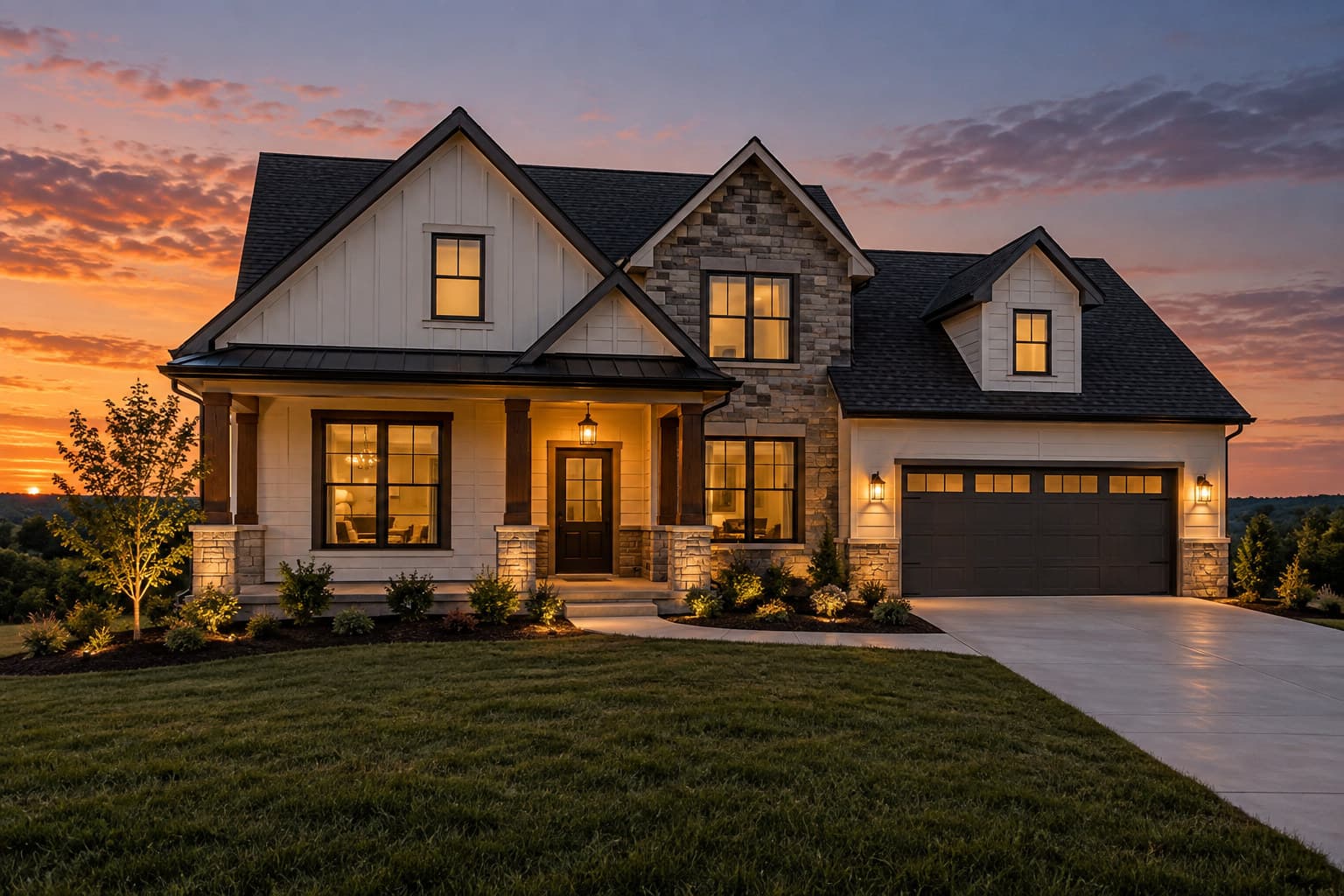 Front exterior of a newly built house with a driveway and freshly graded yard at dusk.