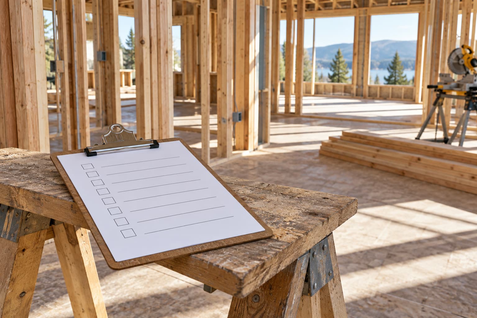 A punch list form on a clipboard sitting on a sawhorse at a construction site