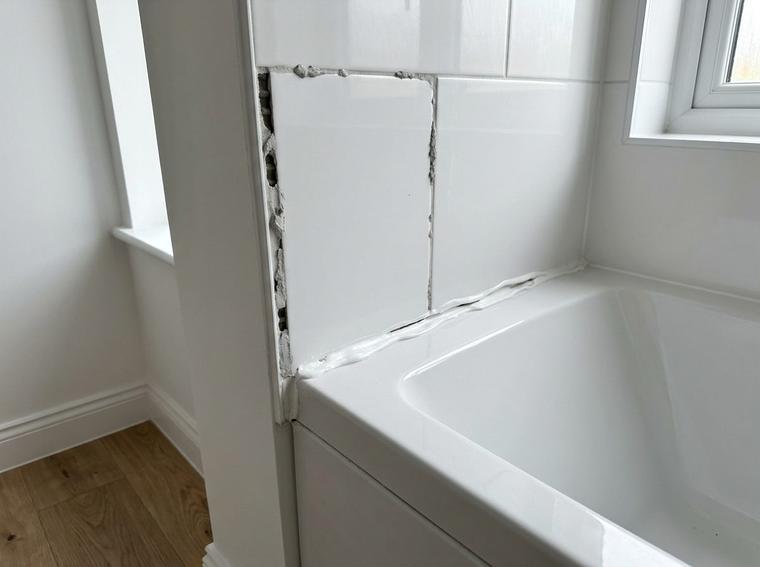 New white bathroom tiles in a new build with uneven and missing grout along one joint and a wavy silicone bead at the bath