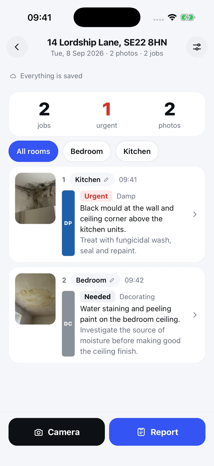 The SayScope iPhone app with a sample visit, its photos, draft work descriptions and priorities.
