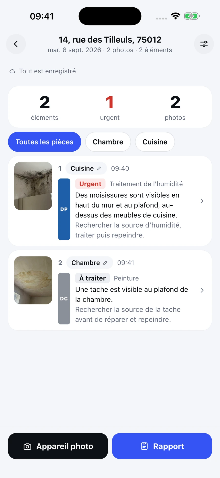 L’app iPhone SayScope avec une visite d’exemple, ses photos, les travaux à vérifier et leurs priorités.